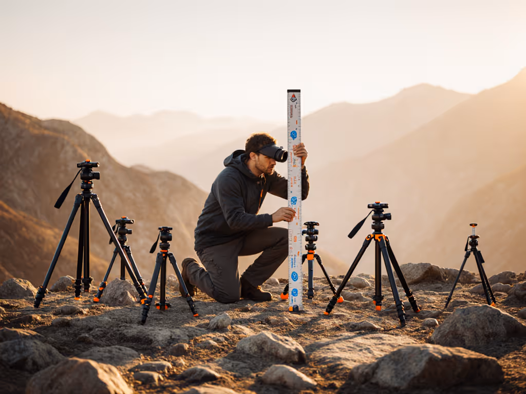 photographer measuring eye height with ruler on uneven terrain