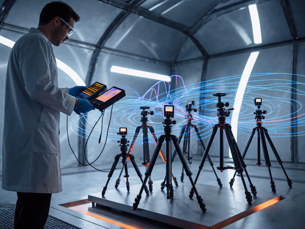 Engineer measuring tripod vibration amplitude in wind tunnel