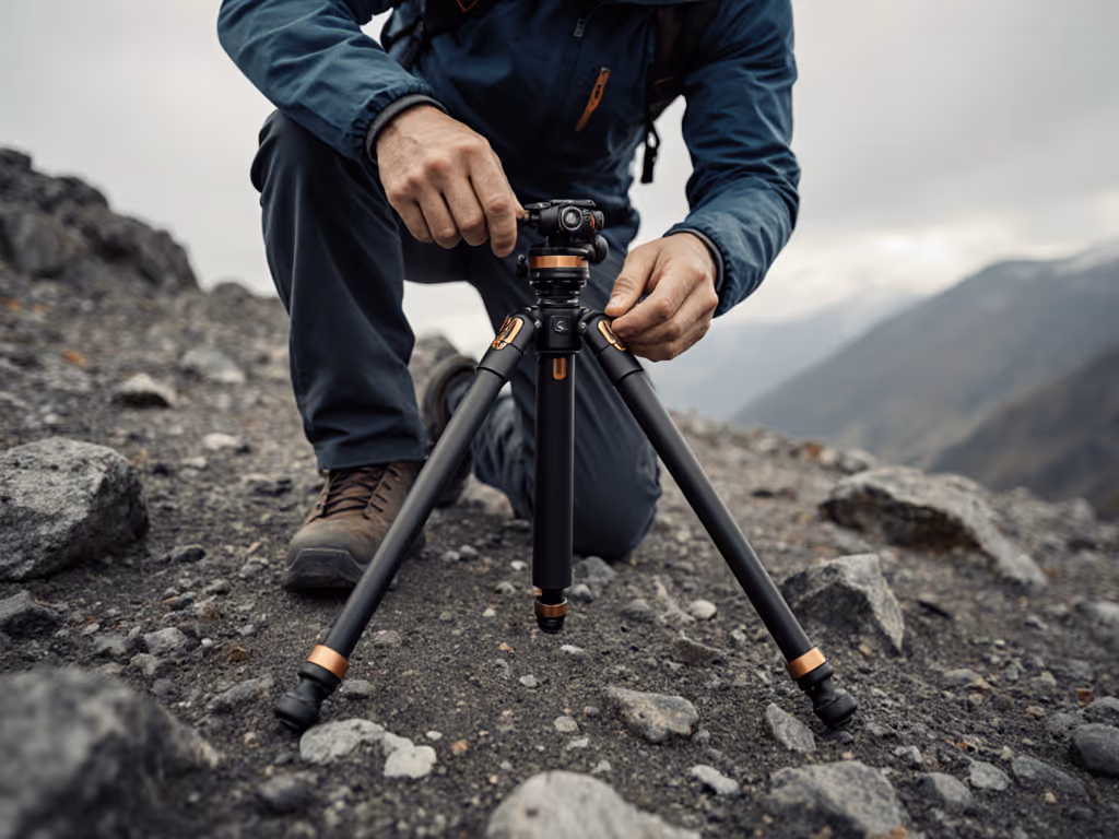 photographer adjusting tripod legs on rocky terrain