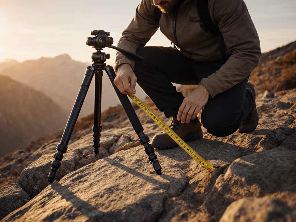 photographer checking tripod height with measuring tape on uneven terrain
