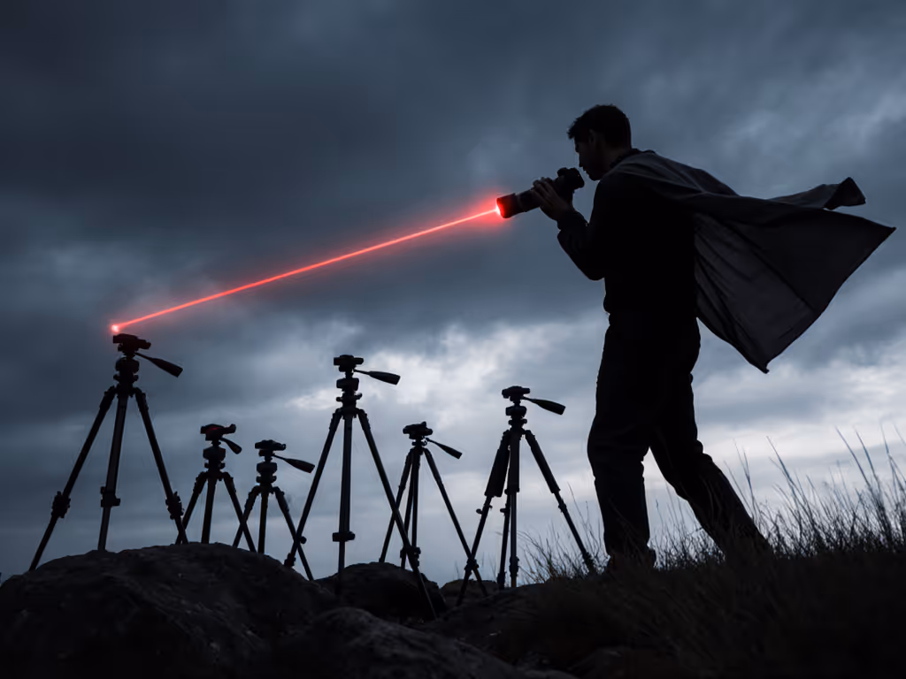 photographer testing tripod stability in wind with laser pointer